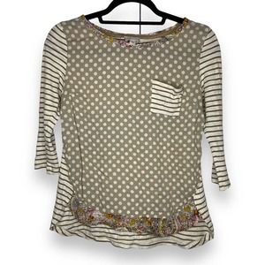 Postmark Anthropologie Mixed Print T-shirt Size XS Beige Ivory Polka Dot Stripe
